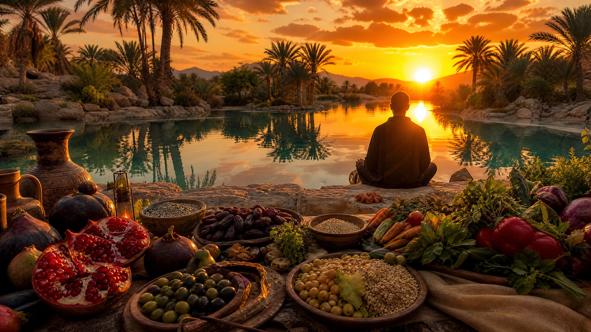 A healthy food oasis representing disciplined nourishment and meditation