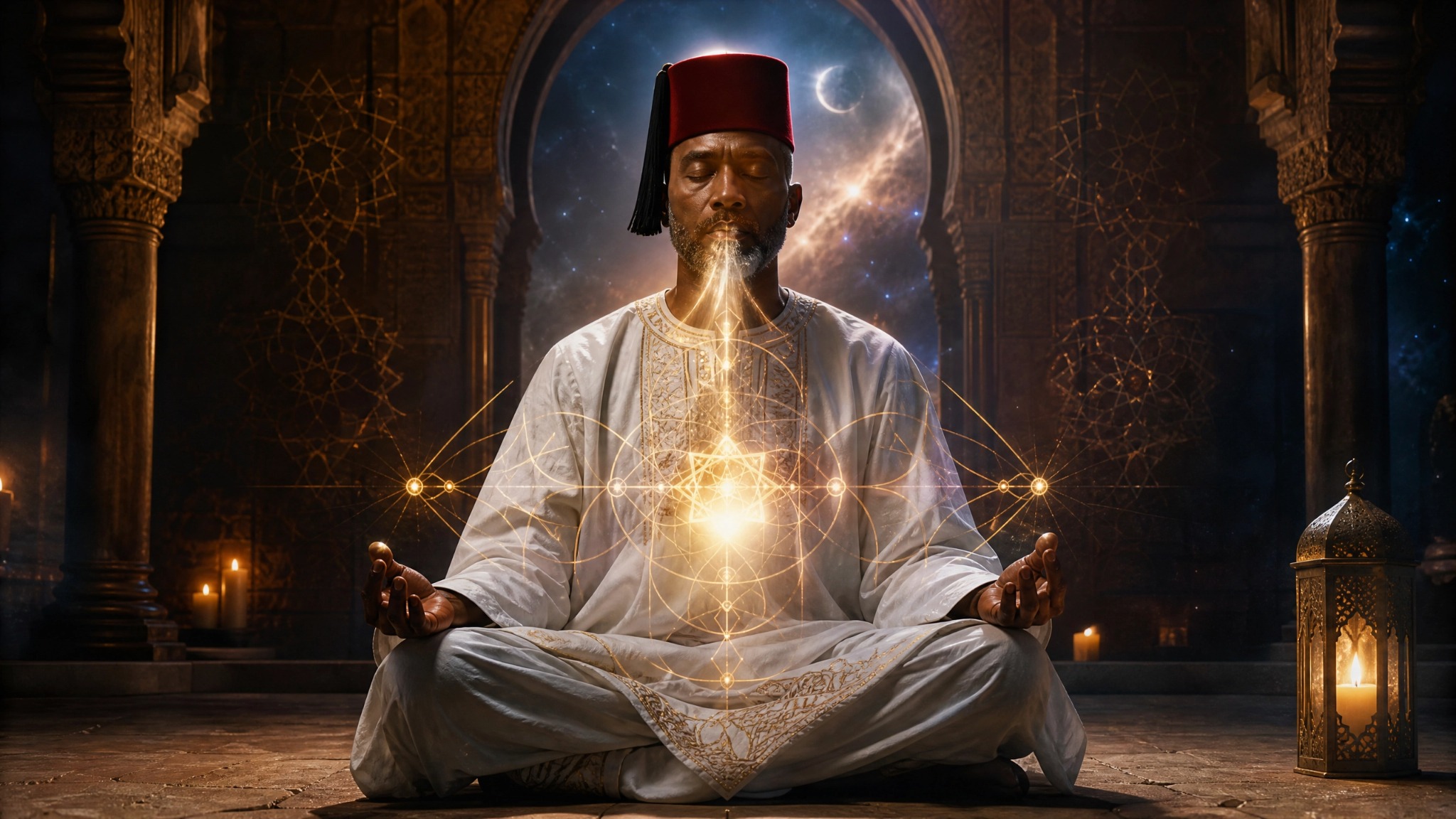 A Moorish American man practicing intentional breathing and meditation